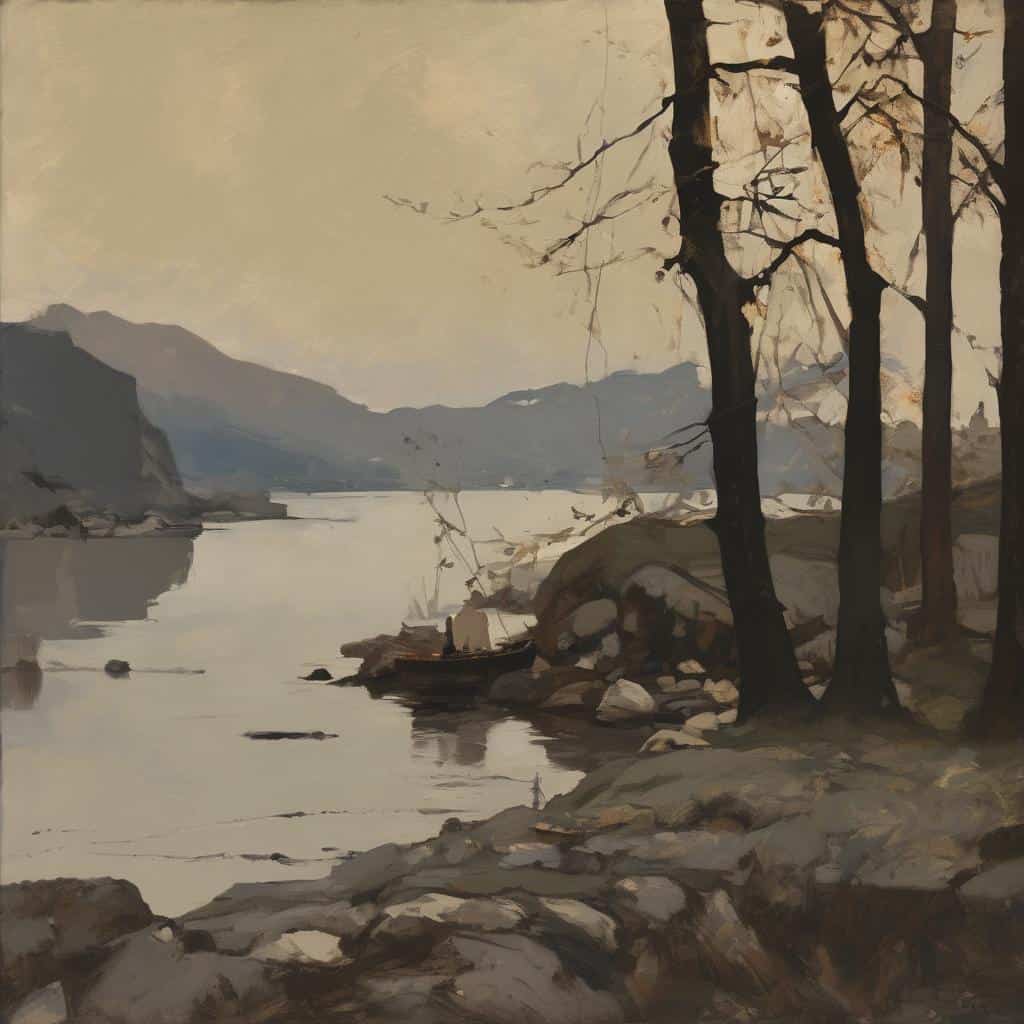 Όψη ήρεμης λίμνης με βράχια και δέντρα σε παραδοσιακό ζωγραφικό στυλ, εκφράζοντας το ασυνείδητο στην εικαστική μορφή.