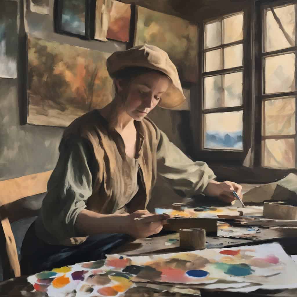 Ανθρώπινη γυναίκα ζωγράφος σε στούντιο με καμβά και παλέτα, εξερευνώντας το ασυνείδητο στην εικαστική μορφή.