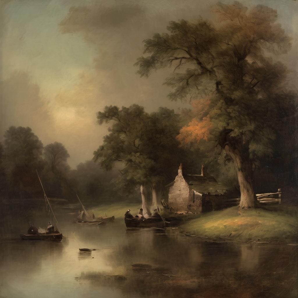 Χαρακτηριστικό τοπίο με γαλήνιο ποτάμι, μεγάλους δένδρους και μικρά σπιτάκια, αναδεικνύοντας το ασυνείδητο στην εικαστική μορφή.