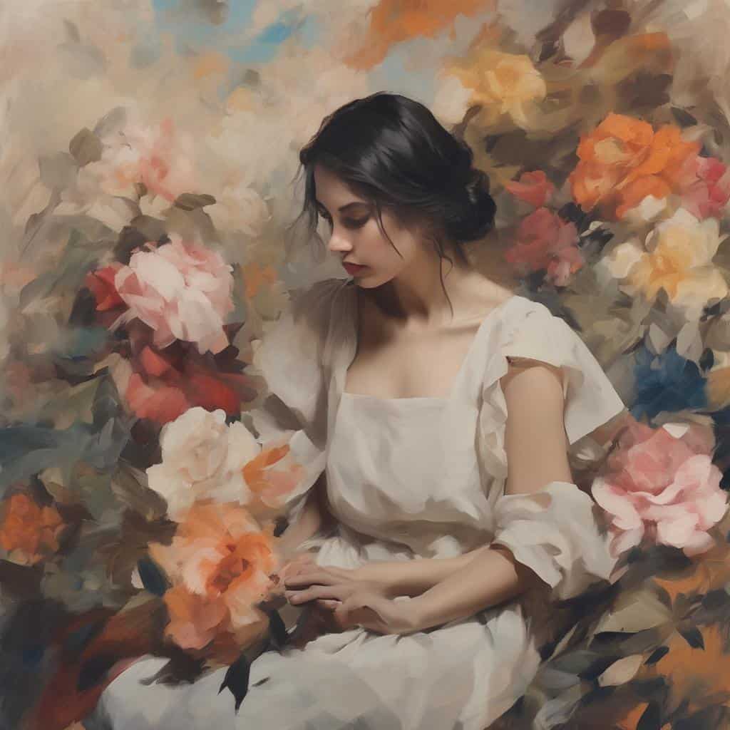 Οντότητα της εικόνας: Νεαρή γυναίκα σε αφηρημένο πίνακα με λουλούδια, που αντιπροσωπεύει το ασυνείδητο στην εικαστική μορφή.