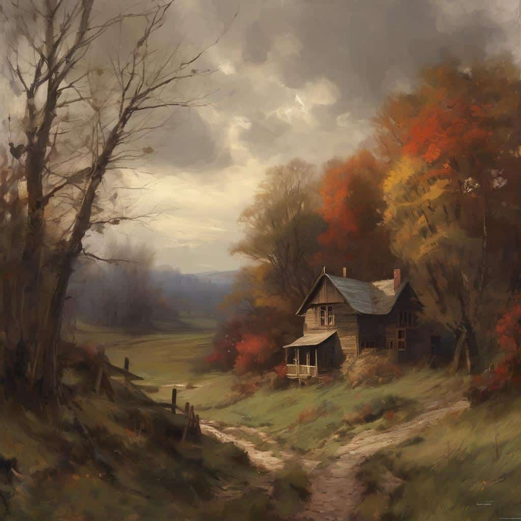 Ρεαλιστικό τοπίο με παλιά ξύλινη καλύβα και φύλλα φθινοπώρου, εσωτερική και εξωτερική τέχνη, υποσυνείδητο στην εικαστική μορφή.