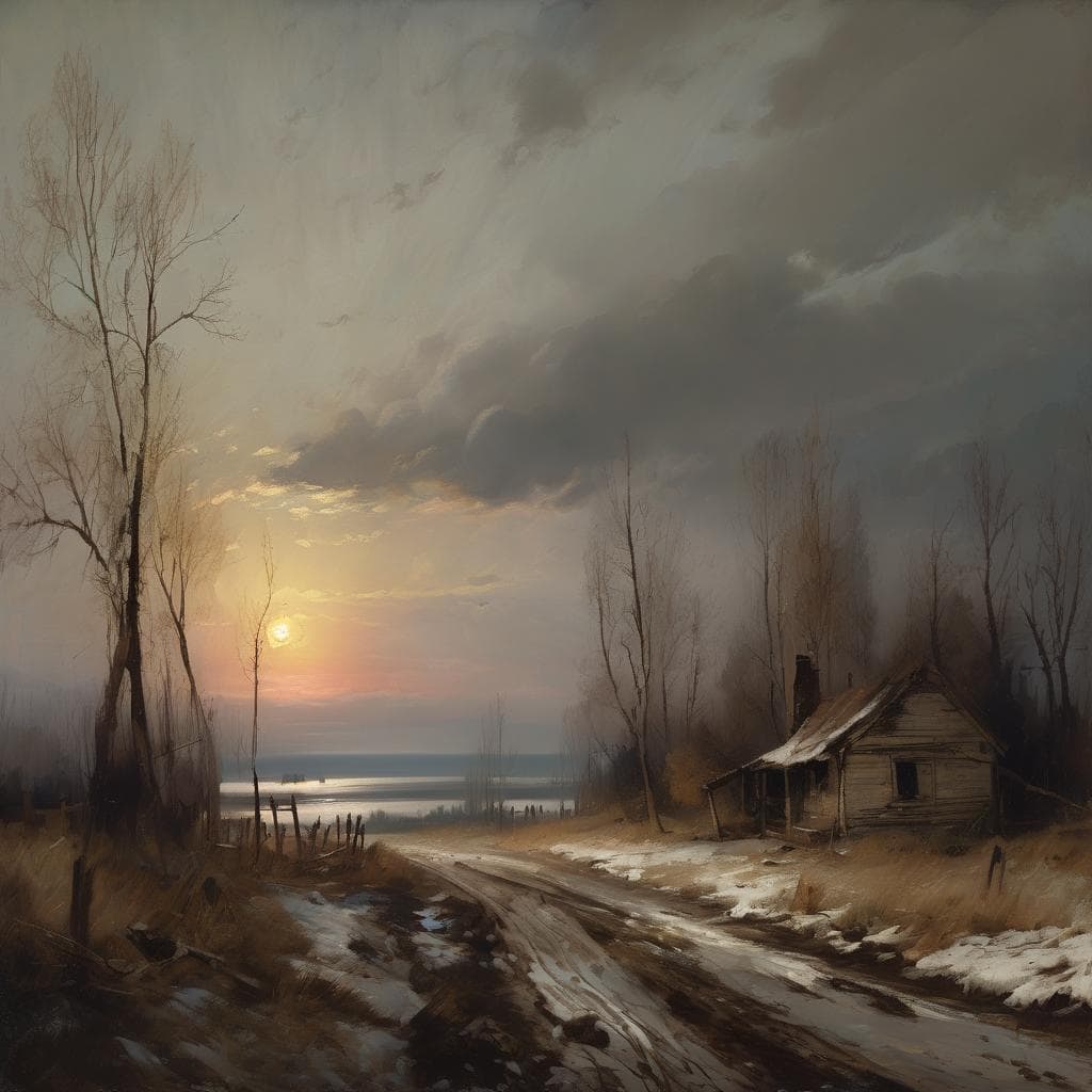 Παραλία με παλιά καλύβα και γέρικα δέντρα υπό σκοτεινό ουρανό, αποτύπωση ασυνείδητου μέσα από εικαστική μορφή.