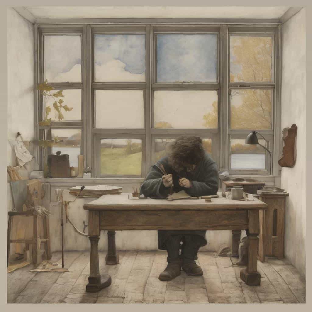 Ανθρώπινος καλλιτέχνης στο στούντιο, δημιουργία τέχνης και εσωτερική έκφραση.