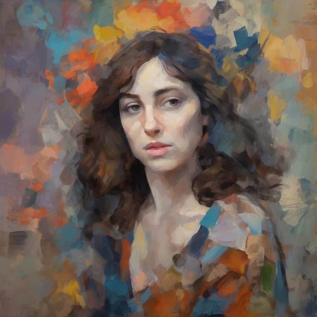 Πορτρέτο γυναίκας σε εικαστικό αφαιρετικό στυλ, με έντονα χρώματα και εσωτερικό βάθος.